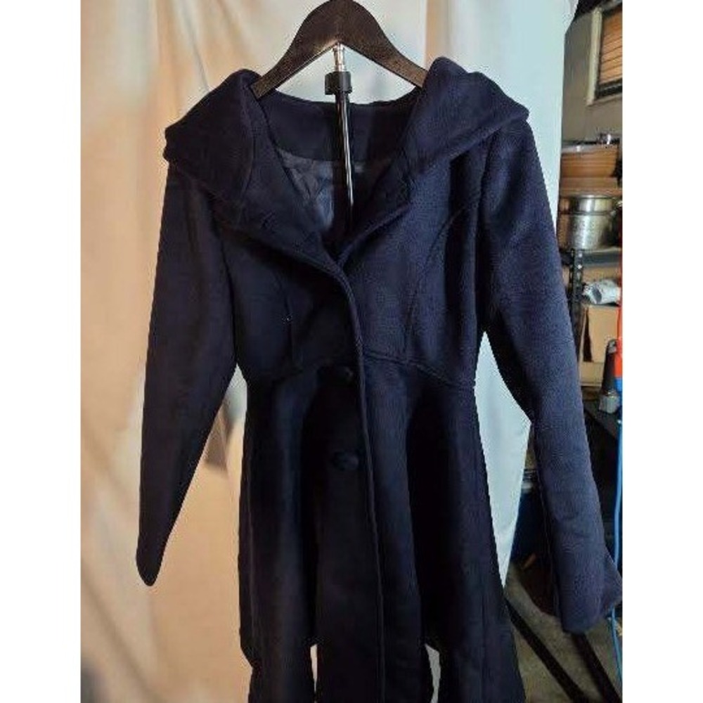 Xiaolizi Navy Blue Hooded Skater Coat Wool Blend Fit and Flare Jacket Small